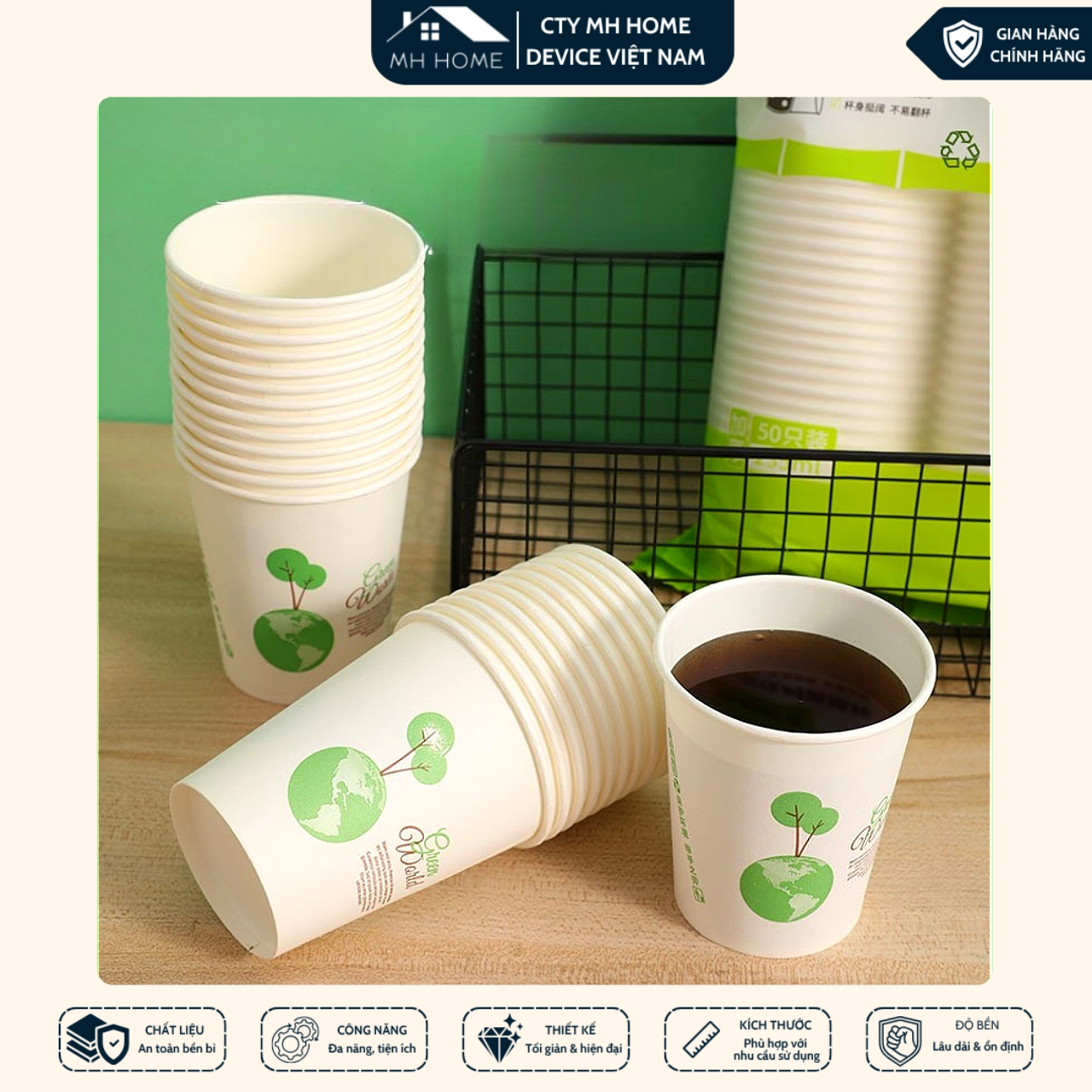Cốc Giấy Dùng Một Lần 235ml Cao Cấp Dày Dặn An Toàn Thực Phẩm Uống Nóng Lạnh | MH Home